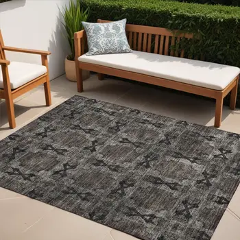 5' X 8' Gray And Black Floral Medallion Washable Indoor Outdoor Area Rug