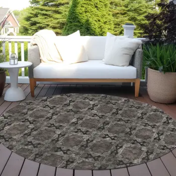 8' Round Gray and Black Round Floral Medallion Washable Non Skid Indoor Outdoor Area Rug