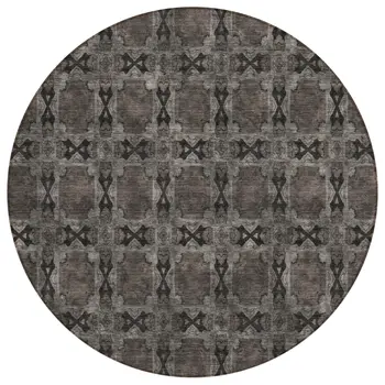 8' Round Gray and Black Round Floral Medallion Washable Non Skid Indoor Outdoor Area Rug