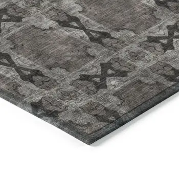 8' Round Gray and Black Round Floral Medallion Washable Non Skid Indoor Outdoor Area Rug