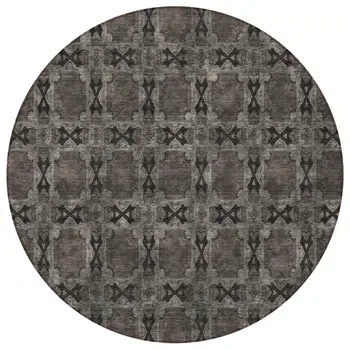 8' Round Gray and Black Round Floral Medallion Washable Non Skid Indoor Outdoor Area Rug