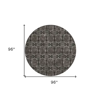 8' Round Gray and Black Round Floral Medallion Washable Non Skid Indoor Outdoor Area Rug