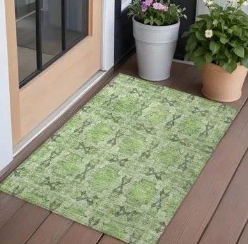 2' X 3' Green Floral Medallion Washable Non Skid Indoor Outdoor Area Rug