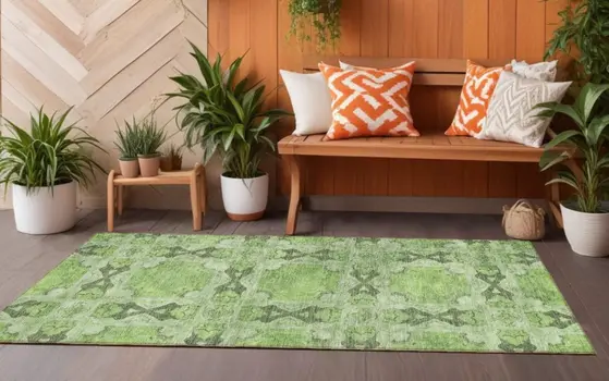 8' Runner Green Floral Medallion Washable Non Skid Indoor Outdoor Runner Rug