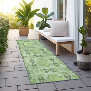 8' Runner Green Floral Medallion Washable Non Skid Indoor Outdoor Runner Rug