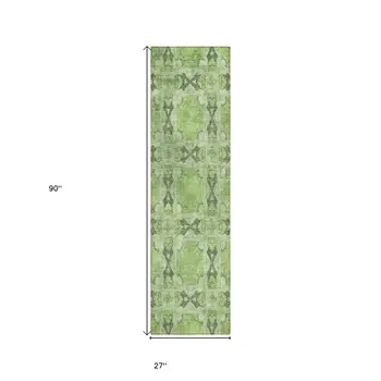 8' Runner Green Floral Medallion Washable Non Skid Indoor Outdoor Runner Rug