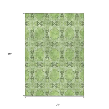 3' X 5' Green Floral Medallion Washable Non Skid Indoor Outdoor Area Rug