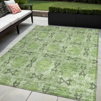 5' X 8' Green Floral Medallion Washable Non Skid Indoor Outdoor Area Rug