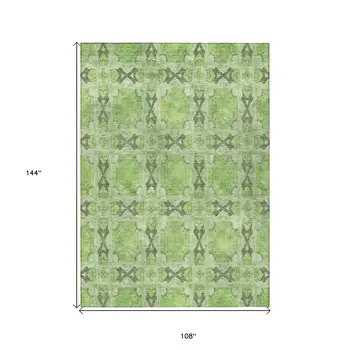 9' X 12' Green Floral Medallion Washable Non Skid Indoor Outdoor Area Rug