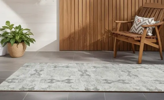 8' Runner Ivory and Gray Floral Medallion Washable Non Skid Indoor Outdoor Runner Rug