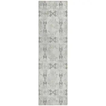 8' Runner Ivory and Gray Floral Medallion Washable Non Skid Indoor Outdoor Runner Rug