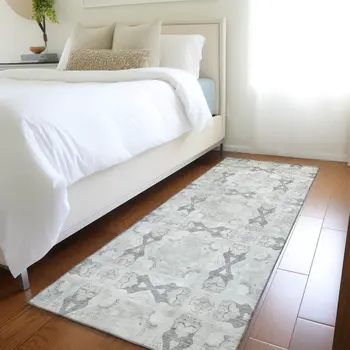 8' Runner Ivory and Gray Floral Medallion Washable Non Skid Indoor Outdoor Runner Rug