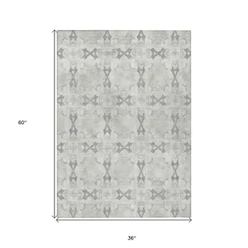 3' X 5' Ivory and Gray Floral Medallion Washable Non Skid Indoor Outdoor Area Rug