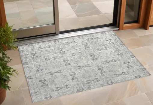 3' X 5' Ivory and Gray Floral Medallion Washable Non Skid Indoor Outdoor Area Rug
