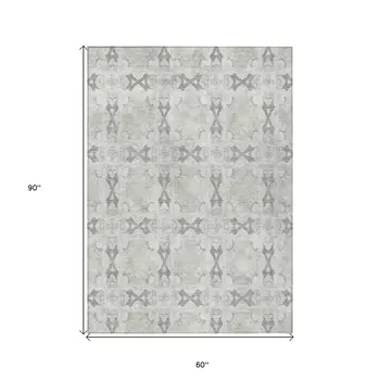 5' X 8' Ivory And Gray Floral Medallion Washable Indoor Outdoor Area Rug