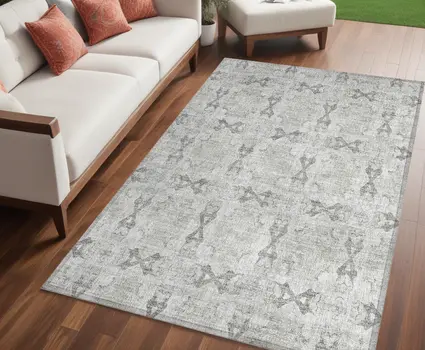 5' X 8' Ivory And Gray Floral Medallion Washable Indoor Outdoor Area Rug