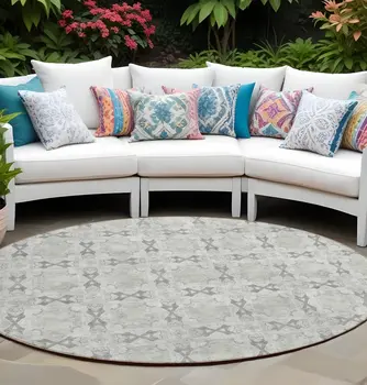 8' Round Ivory and Gray Round Floral Medallion Washable Non Skid Indoor Outdoor Area Rug