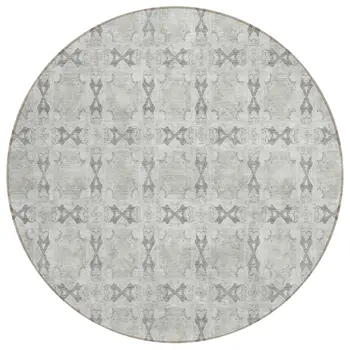 8' Round Ivory and Gray Round Floral Medallion Washable Non Skid Indoor Outdoor Area Rug