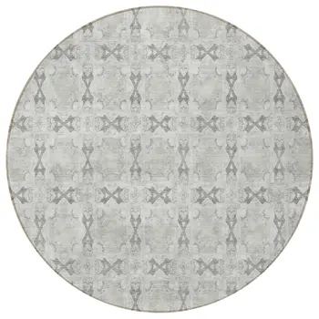 8' Round Ivory and Gray Round Floral Medallion Washable Non Skid Indoor Outdoor Area Rug