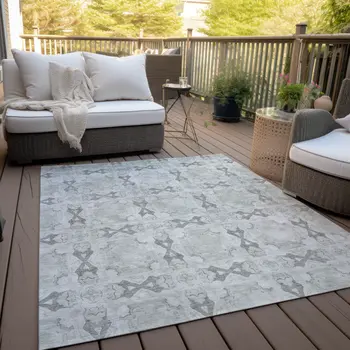 8' X 10' Ivory And Gray Floral Medallion Washable Indoor Outdoor Area Rug