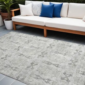 10' X 14' Ivory and Gray Floral Medallion Washable Non Skid Indoor Outdoor Area Rug