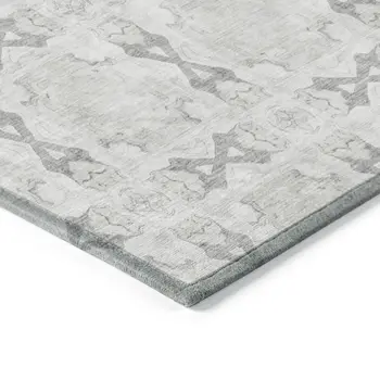 10' X 14' Ivory and Gray Floral Medallion Washable Non Skid Indoor Outdoor Area Rug