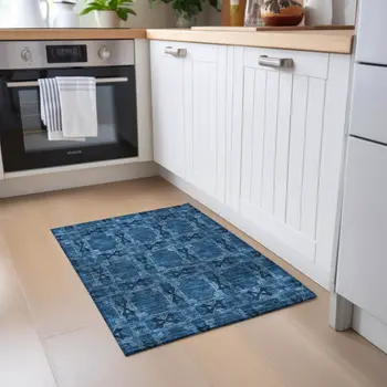 2' X 3' Navy and Gray Floral Medallion Washable Non Skid Indoor Outdoor Area Rug