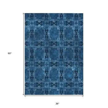 3' X 5' Navy and Gray Floral Medallion Washable Non Skid Indoor Outdoor Area Rug