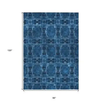 8' X 10' Navy and Gray Floral Medallion Washable Non Skid Indoor Outdoor Area Rug