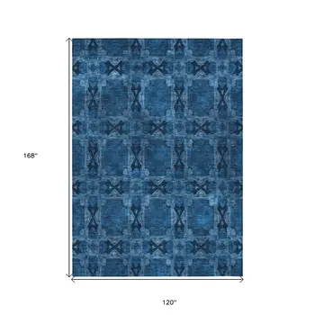 10' X 14' Navy and Gray Floral Medallion Washable Non Skid Indoor Outdoor Area Rug