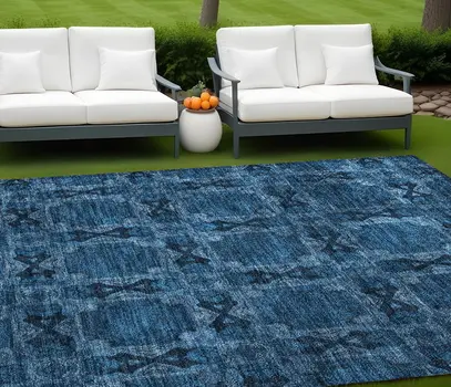 10' X 14' Navy and Gray Floral Medallion Washable Non Skid Indoor Outdoor Area Rug