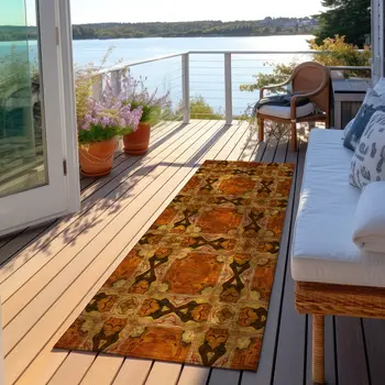 8' Runner Orange and Rust Floral Medallion Washable Non Skid Indoor Outdoor Runner Rug