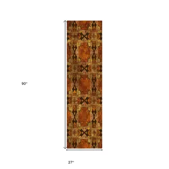8' Runner Orange and Rust Floral Medallion Washable Non Skid Indoor Outdoor Runner Rug