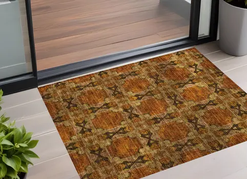 3' X 5' Orange and Rust Floral Medallion Washable Non Skid Indoor Outdoor Area Rug