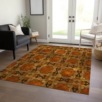 3' X 5' Orange and Rust Floral Medallion Washable Non Skid Indoor Outdoor Area Rug