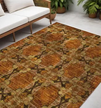 5' X 8' Orange and Rust Floral Medallion Washable Non Skid Indoor Outdoor Area Rug