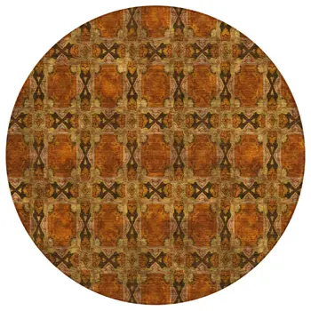 8' Round Orange and Rust Round Floral Medallion Washable Non Skid Indoor Outdoor Area Rug