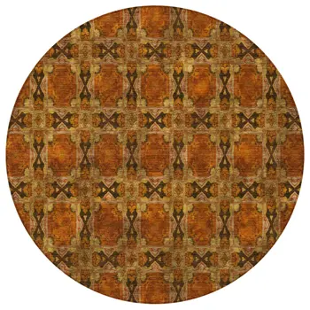 8' Round Orange and Rust Round Floral Medallion Washable Non Skid Indoor Outdoor Area Rug