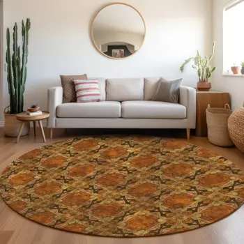 8' Round Orange and Rust Round Floral Medallion Washable Non Skid Indoor Outdoor Area Rug