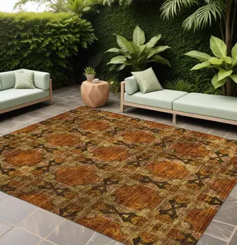 10' X 14' Orange and Rust Floral Medallion Washable Non Skid Indoor Outdoor Area Rug