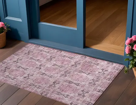 2' X 3' Pink Floral Medallion Washable Non Skid Indoor Outdoor Area Rug