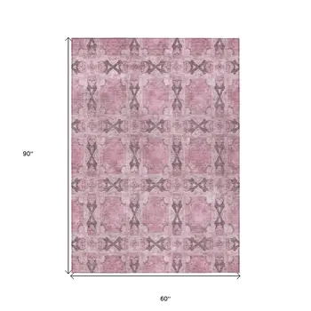 5' X 8' Pink Floral Medallion Washable Non Skid Indoor Outdoor Area Rug
