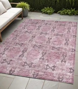 5' X 8' Pink Floral Medallion Washable Non Skid Indoor Outdoor Area Rug