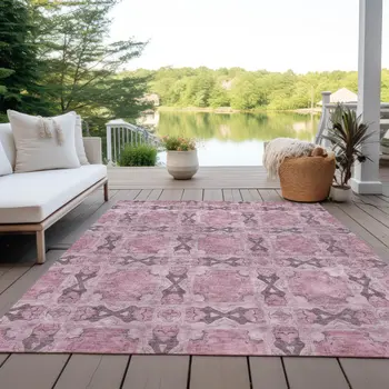 5' X 8' Pink Floral Medallion Washable Non Skid Indoor Outdoor Area Rug