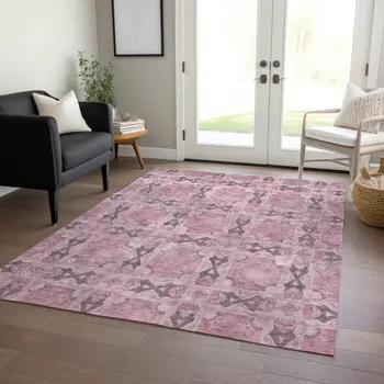 5' X 8' Pink Floral Medallion Washable Non Skid Indoor Outdoor Area Rug