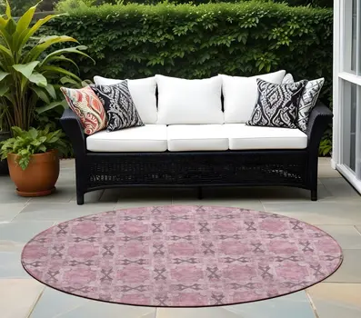 8' Round Pink Round Floral Medallion Washable Non Skid Indoor Outdoor Area Rug