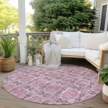 8' Round Pink Round Floral Medallion Washable Non Skid Indoor Outdoor Area Rug
