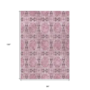 8' X 10' Pink Floral Medallion Washable Non Skid Indoor Outdoor Area Rug