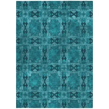 5' X 8' Teal Floral Medallion Washable Non Skid Indoor Outdoor Area Rug