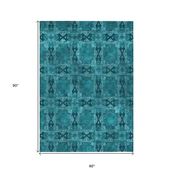 5' X 8' Teal Floral Medallion Washable Non Skid Indoor Outdoor Area Rug